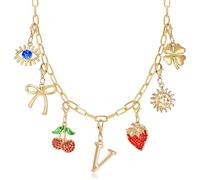 NEKOL Initial Charm Necklace for Women, Evil Eye Four-Leaf Clover Sun Bow Cherry Strawberry Removable Charms Necklace Paper Clip Chain Choker, Trendy Jewelry Birthday Christmas Gifts for Her, Metal