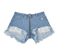 NEKOMARUKE Women's Denim Shorts Sexy Lace Up Mini Hot Pants Cut Off Ripped Hole Booty Shorts Jeans Blue