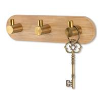 Nekon Bamboo Key Holder for Wall, Wall Mount Key Organizer with 3 Hooks, Decorative Coat Rack for Entryway, Kitchen, Bedroom, Bathroom (Gold Hooks)