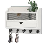 Nekon Key and Mail Holder for Wall, Key Organizer with 5 Hooks & Storage Drawer, 11" W x 7.9" H x 3.1" D Wooden Key Rack for Entryway and Home Decor (White)