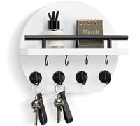 Nekon Key Holder for Wall - 9.8 Inch Apartment Wall Decor with Shelf and 8 Key Hooks, Circular Wood Key Hanger for Home Decor (White)