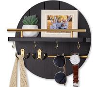 Nekon Key Holder Wall Mount, 11.8 Inch Key Rack with Shelf and 6 Key Hooks, Rustic Key and Mail Organizer, Circular Wooden Key Hanger for Entryway Hallway Kitchen (Black&Gold)