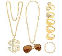 nektron 80s 90s Retro Hip Hop Accessories Costume Set Fake Gold Chain Necklaces Dollar Sign Rings Fake Gold Chain Bracelet Sunglasses Rapper Accessories