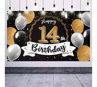 Nelbiirth Happy 14th Birthday Decorations,14th Black & Gold Balloon Large Birthday Banner Backdrop Sign - Cheers to Fourteen Years Old Bday Party Decoration.