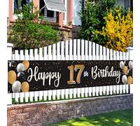 Nelbiirth Happy 17th Birthday Black & Gold Yard Sign Banner - Cheers to Seventeen Years Old Birthday Home Outdoor Photoprop Backdrop, 17th Birthday Party Decoration.(9.8ft x 1.6ft)