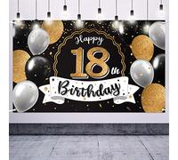 Nelbiirth Happy 18th Birthday Decorations,18th Black & Gold Balloon Large Birthday Banner Backdrop Sign - Cheers to Eighteen Years Old Bday Party Decoration.