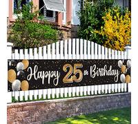 Nelbiirth Happy 25th Birthday Black & Gold Yard Sign Banner - Cheers to 25 Years Old Birthday Home Outdoor Photoprop Backdrop, 25th Birthday Party Decoration.(9.8ft x 1.6ft)