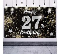 Nelbiirth Happy 27th Birthday Decorations,27th Black & Silver Dream Star Large Birthday Banner Backdrop Sign - Cheers to 27 Years Old Bday Party Decoration.