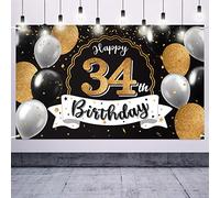 Nelbiirth Happy 34th Birthday Black & Gold Large Photo Banner - Cheers to 34 Years Old Birthday Home Wall Photoprop Backdrop, 34th Birthday Party Decoration.