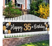 Nelbiirth Happy 35th Birthday Black & Gold Yard Sign Banner - Cheers to 35 Years Old Birthday Home Outdoor Photoprop Backdrop, 35th Birthday Party Decoration.(9.8ft x 1.6ft)