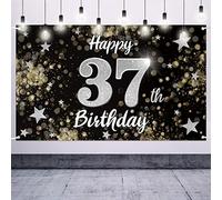 Nelbiirth Happy 37th Birthday Decorations,37th Black & Silver Dream Star Large Birthday Banner Backdrop Sign - Cheers to 37 Years Old Bday Party Decoration.