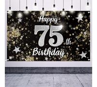 Nelbiirth Happy 75th Birthday Decorations,75th Black & Silver Dream Star Large Birthday Banner Backdrop Sign - Cheers to 75 Years Old Bday Party Decoration.