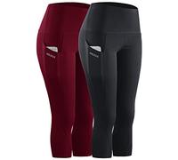 Neleus Women's Tummy Control High Waist Capri Running Leggings Yoga Pants with Pocket, 9027 Black/Burgundy,2 Pack, M