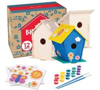 Neliblu DIY 12 Wooden Bird House Kits - Creative Arts and Crafts Set for Kids and Adults - Unfinished Wood Birdhouses with Paint Strips, Brushes, Stickers and Strings - 3 Unique Shapes, 2 Sizes