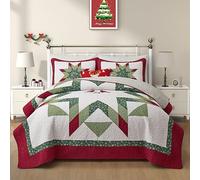 NELIFDER King Size Christmas Quilt Set 100% Cotton Red Bird White Snowflake Pattern Bedspread Real Patchwork Star Hand Made 3 Peice Wedding Ring Bedding Set