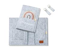 NELLIBU 3-Piece Felt Maternity Log Cover with Two Key Fobs, Handmade, Document Bag, Ultrasonic Image, Organiser, Protective Cover (Grey)