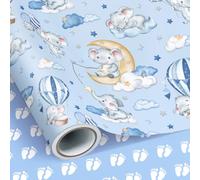 Neloheac Baby Blue Elephants Wrapping Paper Roll 43CM x 10M Reversible | Double Sided Cute Elephants & Footprint Patterns Design, Mini Roll for Baby Shower New Born Baby Boys Girls Gift Wrapping
