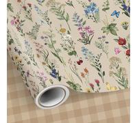Neloheac Brown Floral Gift Wrapping Paper Roll 43CM x 10M, Double Sided Wild Flower Design Wrapping Paper Reversible with Plaid Pattern for Wedding Annivesary Birthday Party Baby Shower