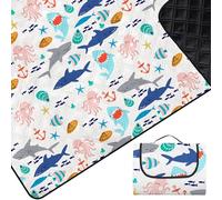 Neloheac Large Waterproof Picnic Blankets, Ocean Fish Beach Blanket Sandproof Foldable, Extra Large Shark Picnic Mat for Outdoor Grass Camping Park Lawn, ZHL0013D