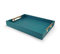 NELONY Wooden Decorative Coffee Table Tray, 16" Serving Tray with Handles, Matte Finish Decorative Tray, Ottoman Tray for Living Room, Perfume, Vanity Dresser Organizer (Teal Green)