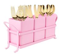NelyBet Metal Silverware Caddy,3 Compartment Utensil Holder With Metal Rack,Utensil Caddy Flatware Cutlery Organizer for Countertop Party Picnic Camping Outdoor Pink