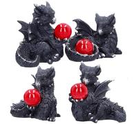 Nemesis Now Midnight Treasures Mini Dragon Figurines Set of 4, 5.5cm - Hand-Painted Black Resin Dragons with Red Orb, Fantasy Art Desk Decor, For Fans