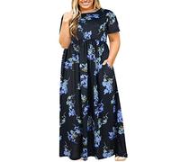 Nemidor Women Short Sleeve Loose Plain Casual Plus Size Long Maxi Dress with Pockets, Black+Blueprint, 22 Plus