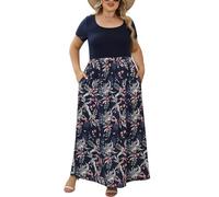 Nemidor Women's Chevron Print Summer Short Sleeve Plus Size Casual Maxi Dress, Navy Redleaf, 26 Plus