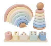 Nene Toys Montessori Wooden Toy from 1 Year Old 3-in-1 Set | Pastel colours - rainbow, stacking tower and sorting plug-in game for children from 1 to 3 years - fine motor skills and