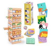 Nene Toys Wooden Block Stacking Game - 4-in-1 Tumble Tower Family Board Game with Building Blocks, Cards and Dice - African Safari Educational Wooden Toy for Kids 3-9 Years Old about Animals