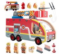 Nene Toys Wooden Fire Engine Play Set for Children 2+ - FSC-Certified Fire Truck with 360° Rotating Ladder & Basket, Magnetic Hoses, Hydrant, Firefighters & Dalmatian - Wooden Pretend Play Gift