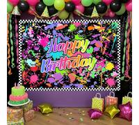 Neno Glow in The Dark Birthday Party Photography Backdrops Colorful Graffiti Splash Paint Background Slime Happy BirthdayTheme Black Light Sleppover Party Decorations for Kids Birthday Supplies 5x3ft