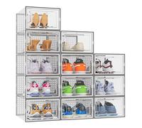 Neo 12 pcs Large Shoe Storage Box Boxes Transparent Clear Plastic Stackable Organiser Containers with Lids for Women/Men Magnetic Closure (Grey)