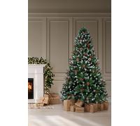 Neo 2.1 m 7 ft Christmas Xmas Tree Flocked Snowy Effect Fake Pine Cone Red Berries Metal Stand Flocked Tips in Dark Green | Size: 7ft Neo Dark Green 7ft