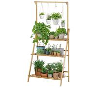 Neo 3-Tier Foldable Bamboo Plant Stand with Hanging Hook Indoor & Outdoor Flower Ladder for Balcony Living Room & Garden