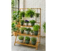 Neo 3-Tier Indoor & Outdoor Foldable Bamboo Plant Stand with Hanging Hook in Light Oak Neo Light Oak