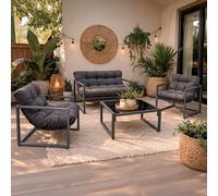 Neo 4 Pc Outdoor Metal Patio Furniture Set With Cushions Glass Coffee Table