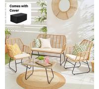 Neo 4 Piece Wicker Bamboo Style Garden Sofa, Table & Chairs Set With Cover