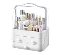 Neo Acrylic Makeup Organiser with Lid & Drawers Portable Dustproof Cosmetic Storage Box for Vanity, Bathroom Bedroom Countertop Skincare & Beauty Organiser (White)