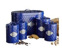Neo Embossed Diamond Hexagonal Metal Metallic Badge 5 Kitchen Countertop Canisters Jars Tins Set Tea Coffee Sugar Biscuit Bread Bin Box Food Storage Organiser (Navy)