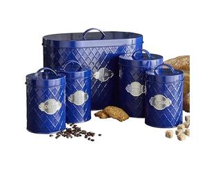 Neo Embossed Diamond Hexagonal Metal Metallic Badge 5 Kitchen Countertop Canisters Jars Tins Set Tea Coffee Sugar Biscuit Bread Bin Box Food Storage Organiser (Navy)