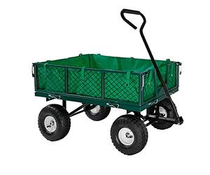 Neo Garden Trailer Cart Pull Along Trolley Heavy Duty Green Mesh Utility Gardeners Wagon Folding Sides Pneumatic Tyres Outdoor for Gardening Festivals Camping Loading (Metal Cart and Cover)