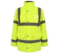 NEO Hi Vis Multi Pocket Parka Coat, Work Wear High Visibility Jacket Safety Two Tone Waterproof Hi Viz Traffic Jackets Fluorescent Padded With Hood (Yellow, 3XL)