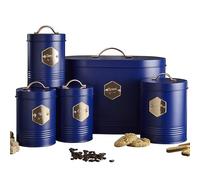 Neo Matte Matt & Copper Metal Badge 5 Kitchen Countertop Canisters Jars Tins Set Tea Coffee Sugar Biscuit Bread Bin Box Food Storage Organiser (Navy)