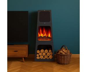 Neo Modern Tall Triangle Pyramid Free Standing Electric Fireplace Stove Real Log Flame Effect Led Flame Adjustable Thermostat Cont