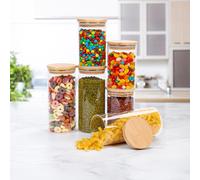 Neo Set of 6 Glass Storage Jars with Bamboo Lids Airtight Glass Canisters with 2 Size, Large Kitchen Food Storage Jars Cabinet Dishwasher Safe