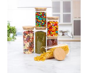 Neo Set of 6 Glass Storage Jars with Bamboo Lids Airtight Glass Canisters with 2 Size, Large Kitchen Food Storage Jars Cabinet Dishwasher Safe