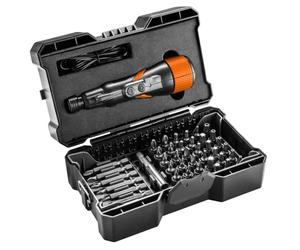NEO TOOLS Battery-Operated Screwdriver, Micro USB 3.6 V, Li-ion, Speed 280 RPM, Tool Holder 6.35 mm (¼ inch), max. Torque 2.1 Nm, 0.16 kg, Accessories: Short bits, Long bits, bit Adapter, Connection