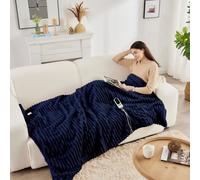 Neo Waffle Shaped Electric Blanket Heated Fleece Overblanket Throw Machine Washable Remote Timer Control Heat Settings - Navy
