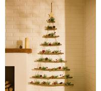 Neo Wooden Hanging Wall Xmas Christmas Tree Ladder Decoration Rustic Nordic Hygge Style With Pine Cones Red Berries Jute Rope Wall